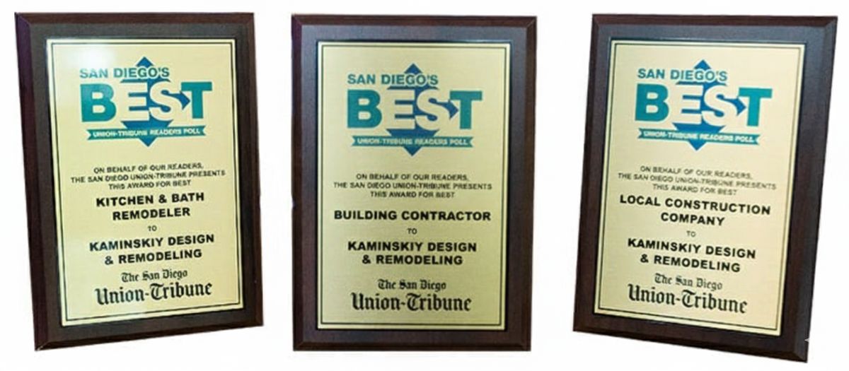 The San Diego Union-Tribune Readers Poll plaques on the Kaminskiy Design Center wall