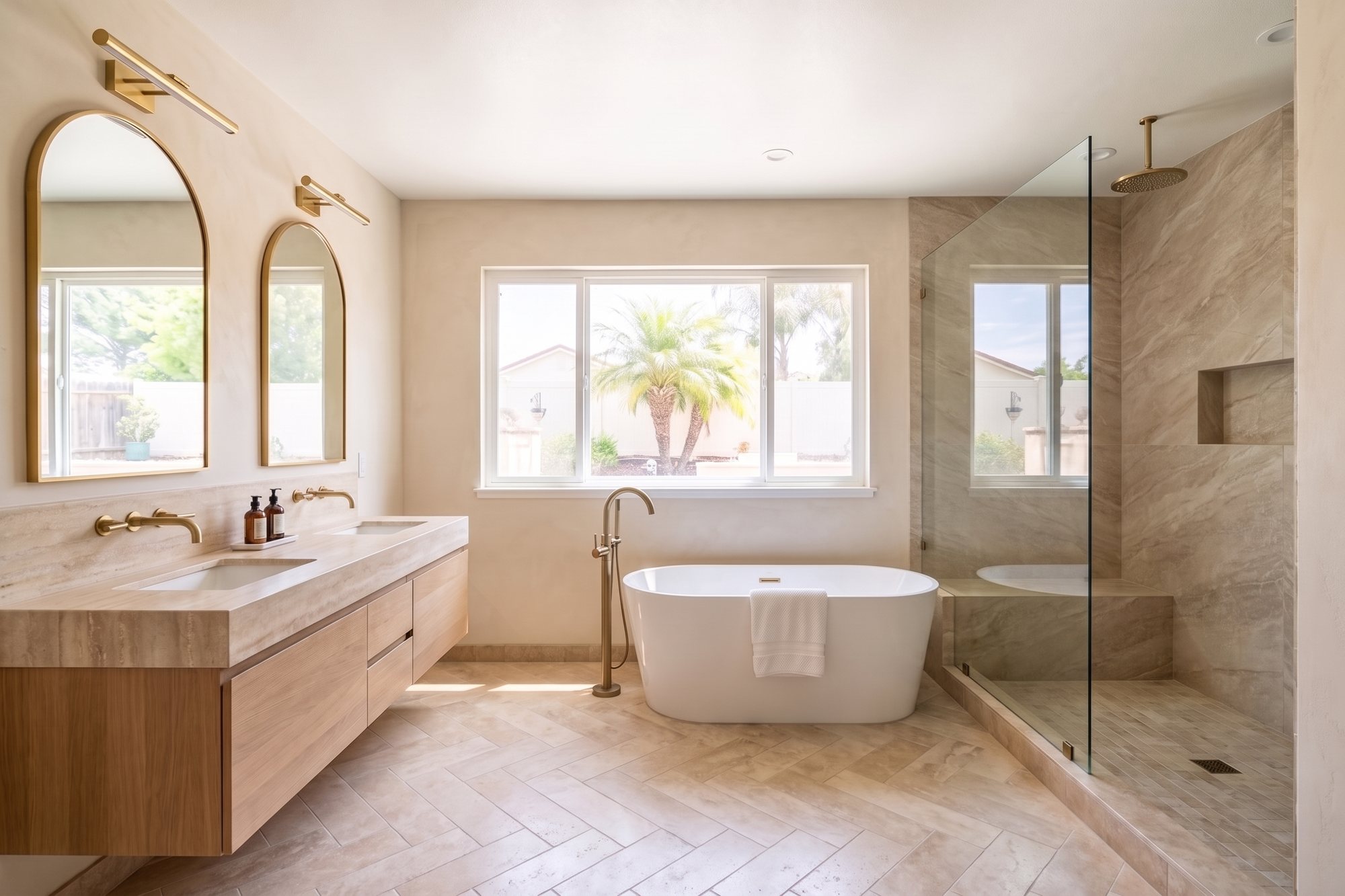 After: the same room with a freestanding tub centered under the same window, a large-format stone slab shower behind frameless glass, arched brass-framed mirrors over a floating white oak vanity and a travertine herringbone floor