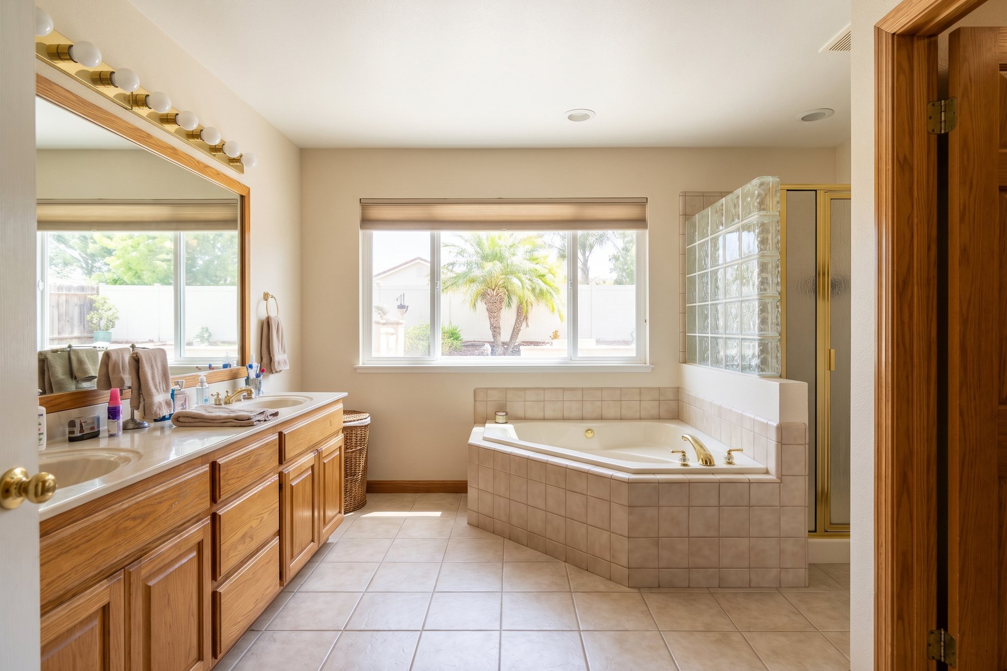 Before: a 1990s primary bathroom with a corner jetted tub on a beige tile deck, a honey oak double vanity, a Hollywood strip light and a glass-block shower