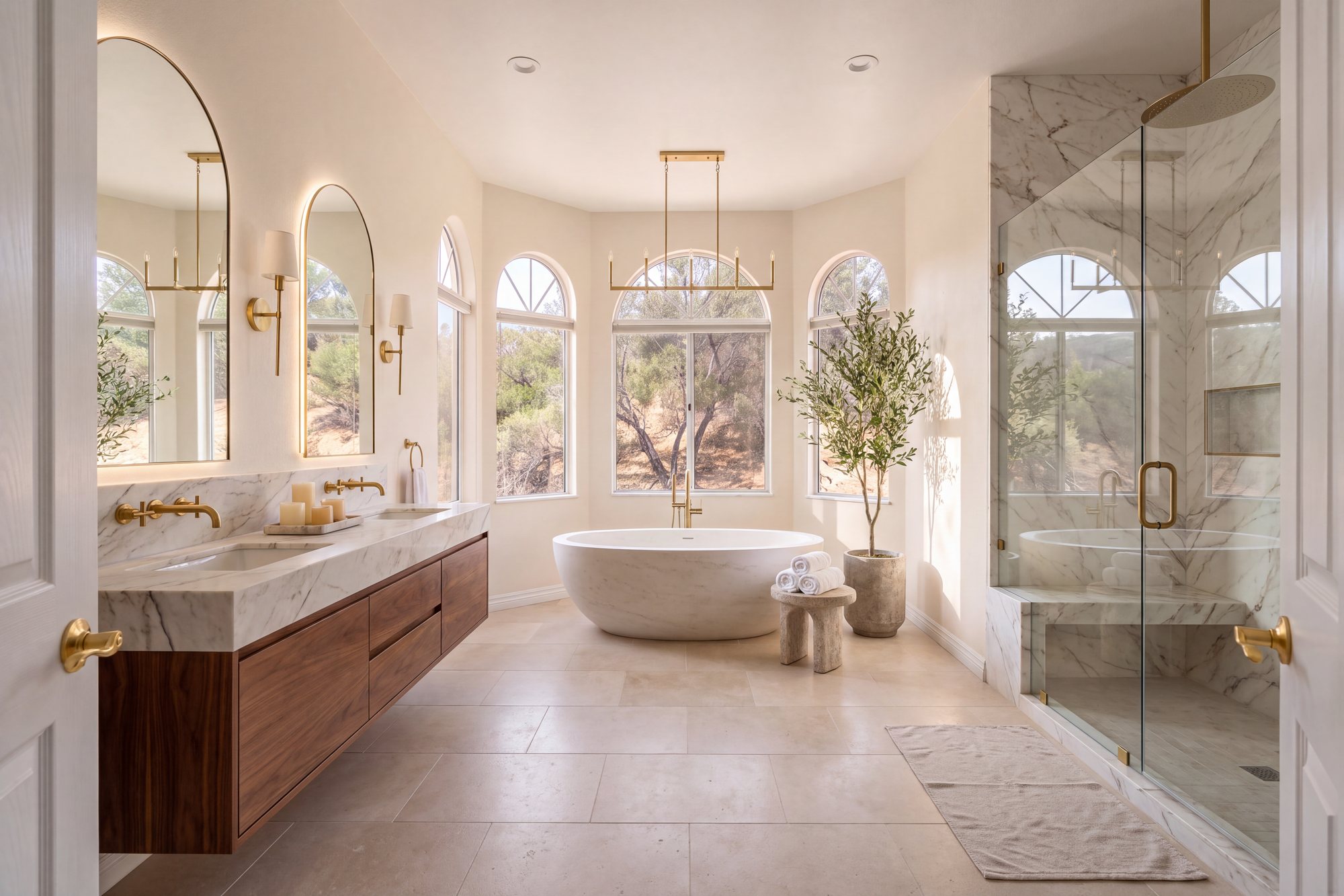 After: the same room as a luxury spa, with a freestanding stone soaking tub centered in the same five arched windows, a floating walnut double vanity with marble and arched mirrors, and a marble slab steam shower behind frameless glass