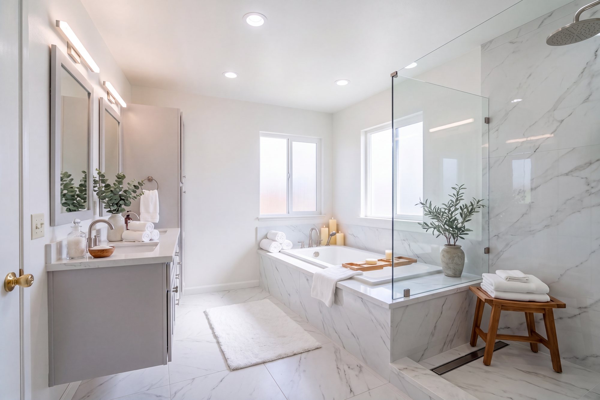 After: the same room as a spa, with a built-in tub on a marble deck under the same windows, a marble walk-in shower behind frameless glass, a grey vanity, candles on the tub deck, a bath tray, rolled towels, a teak stool and an olive tree