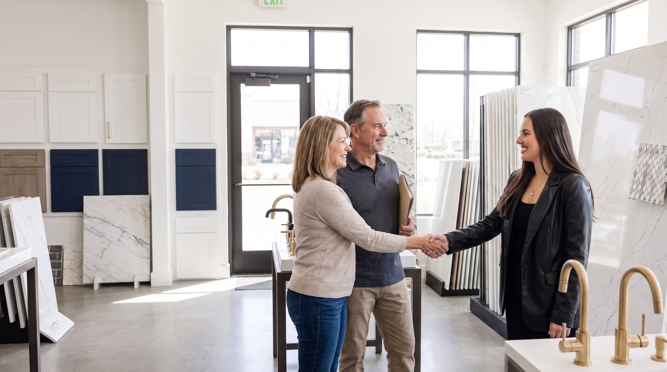 Kit from Client Care welcoming a couple at the Kaminskiy Design Center in San Diego