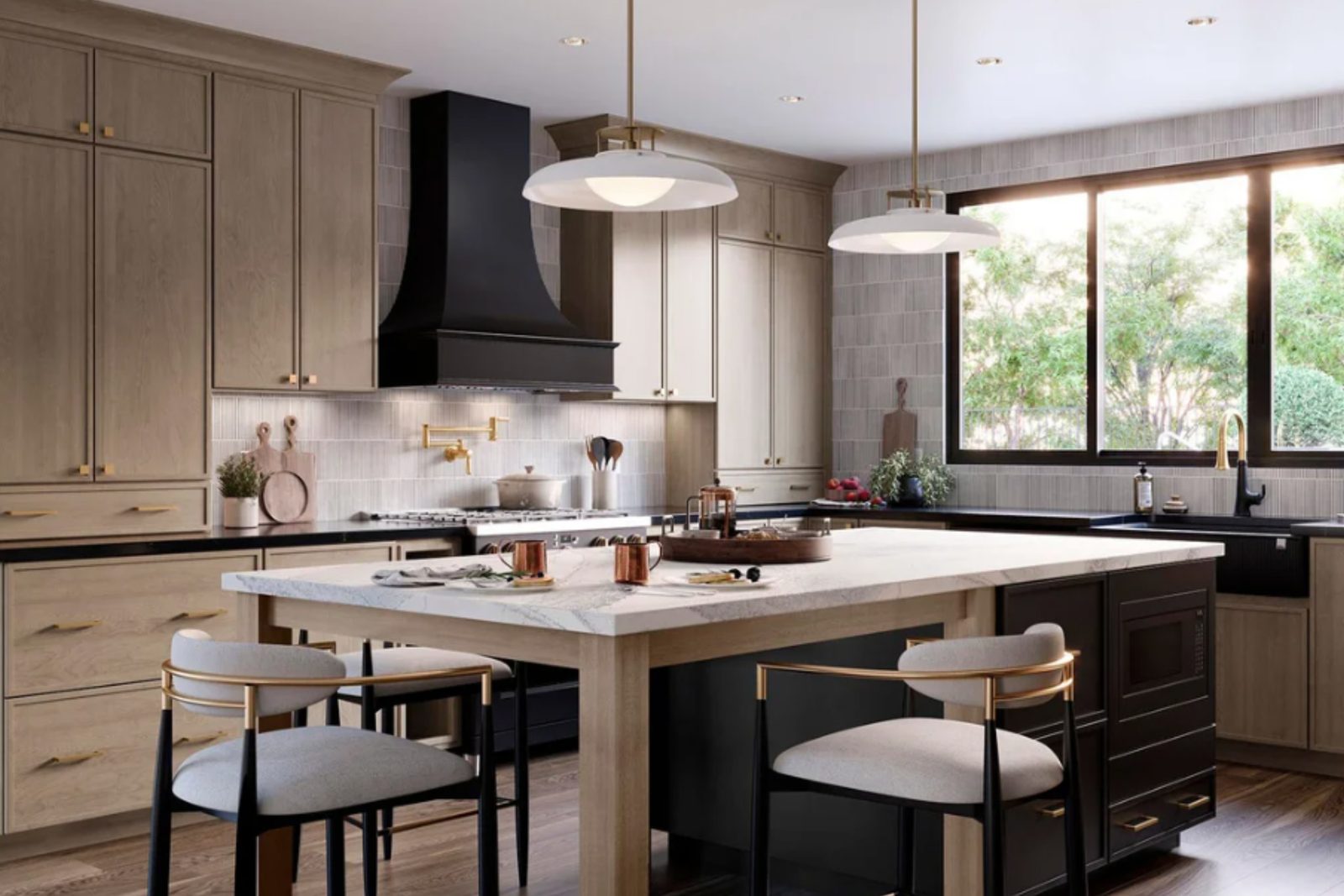An express kitchen remodel with light oak cabinets, a black range hood and a quartz island