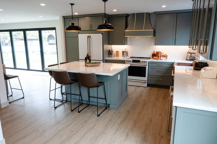 Kitchen, dining, and living in one open view