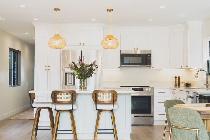Island view with seagrass pendants and brass hardware