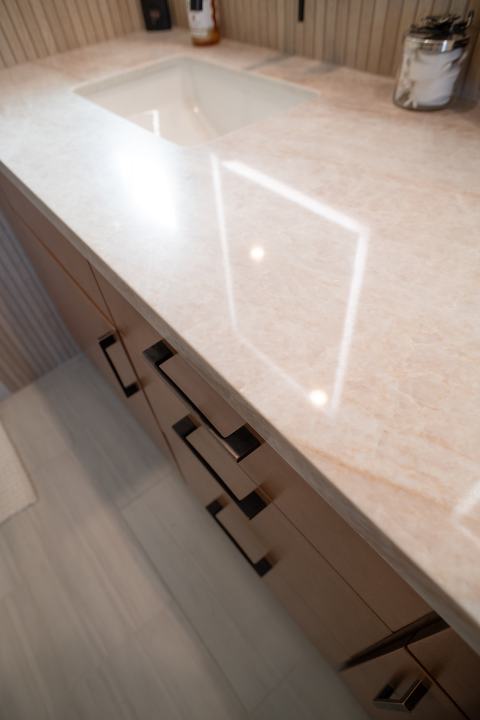 Royal Taj Mahal quartz vanity top with an undermount sink