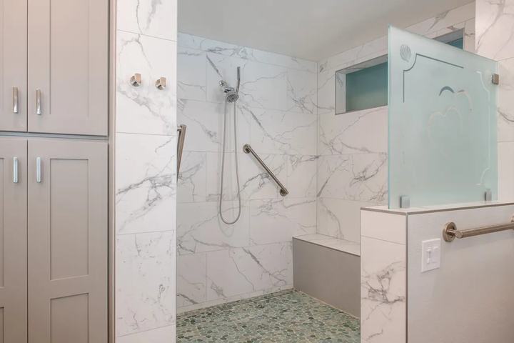 Turquoise themed walk in shower
