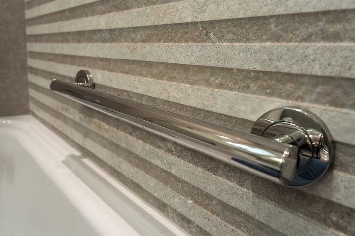 Tub safety grab bar on textured Hannover Bone Topo tile
