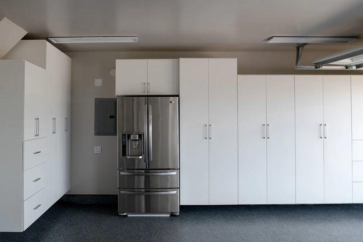 Garage Cabinets with outside refrigerator remodel