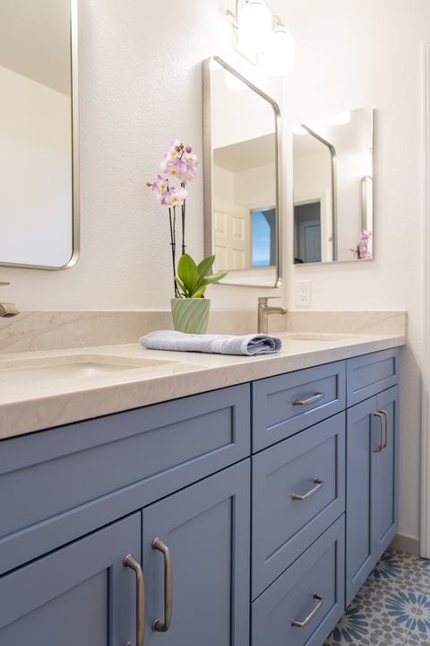 Orchid on quartz countertop between framed mirrors at the upstairs hall vanity