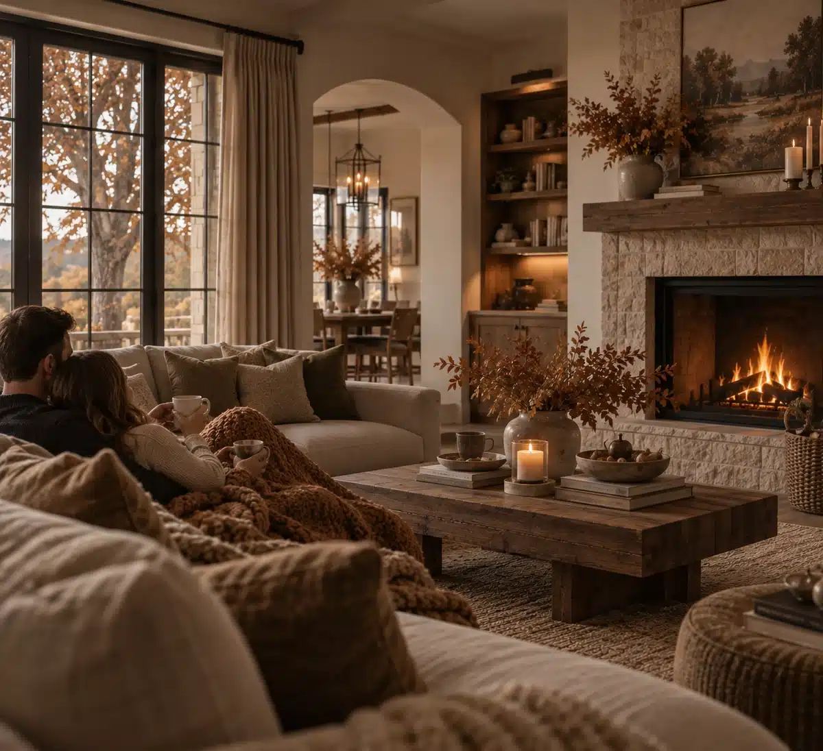 Warm living room with natural wood, stone fireplace, and layered textures
