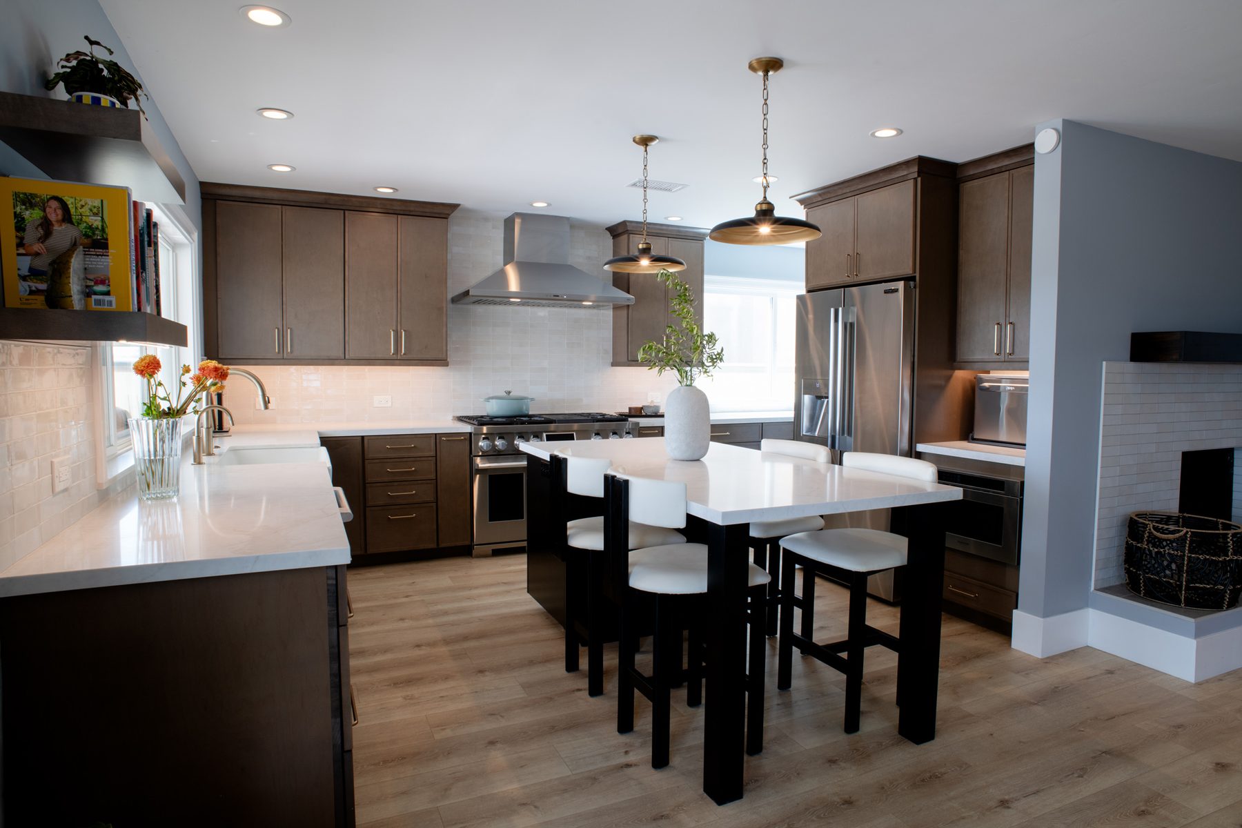 Remodeled Del Mar kitchen looking toward the updated fireplace