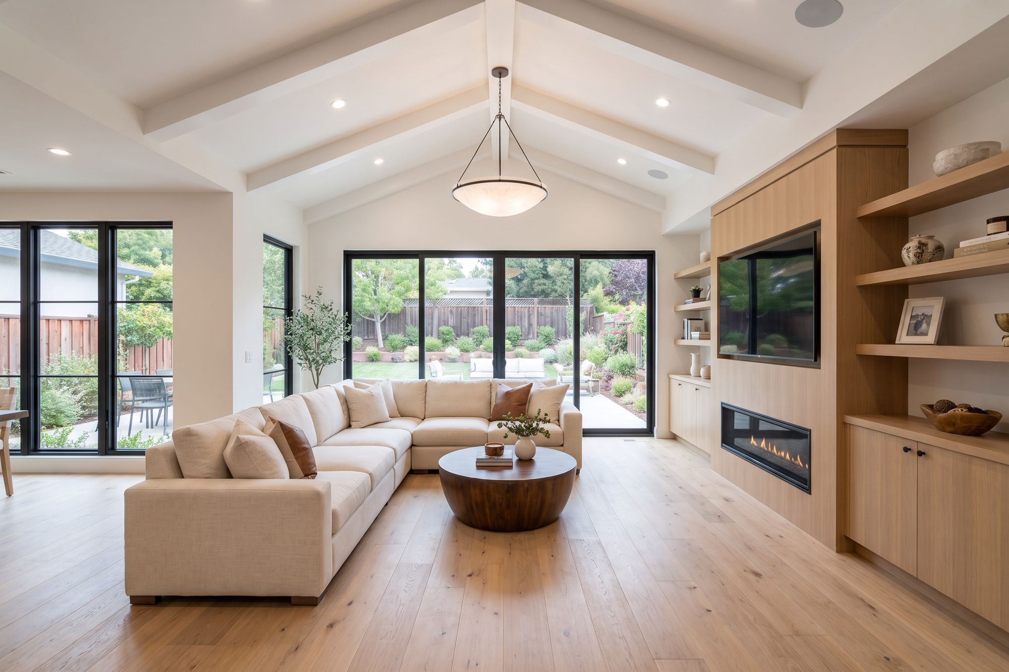 After: the same room built out into a vaulted great room with painted beams, a wall of black-framed windows and sliding glass to the yard, white oak floors, a linen sectional and a built-in media wall with a linear fireplace