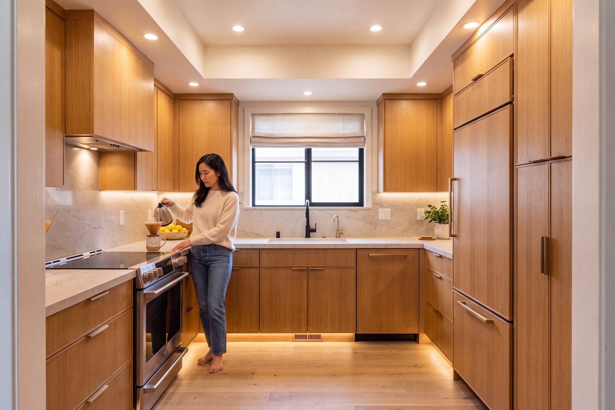 After: the same kitchen remodeled with honey oak slab cabinetry, quartz counters, a stone backsplash, a panel-ready refrigerator and warm recessed and under-cabinet lighting