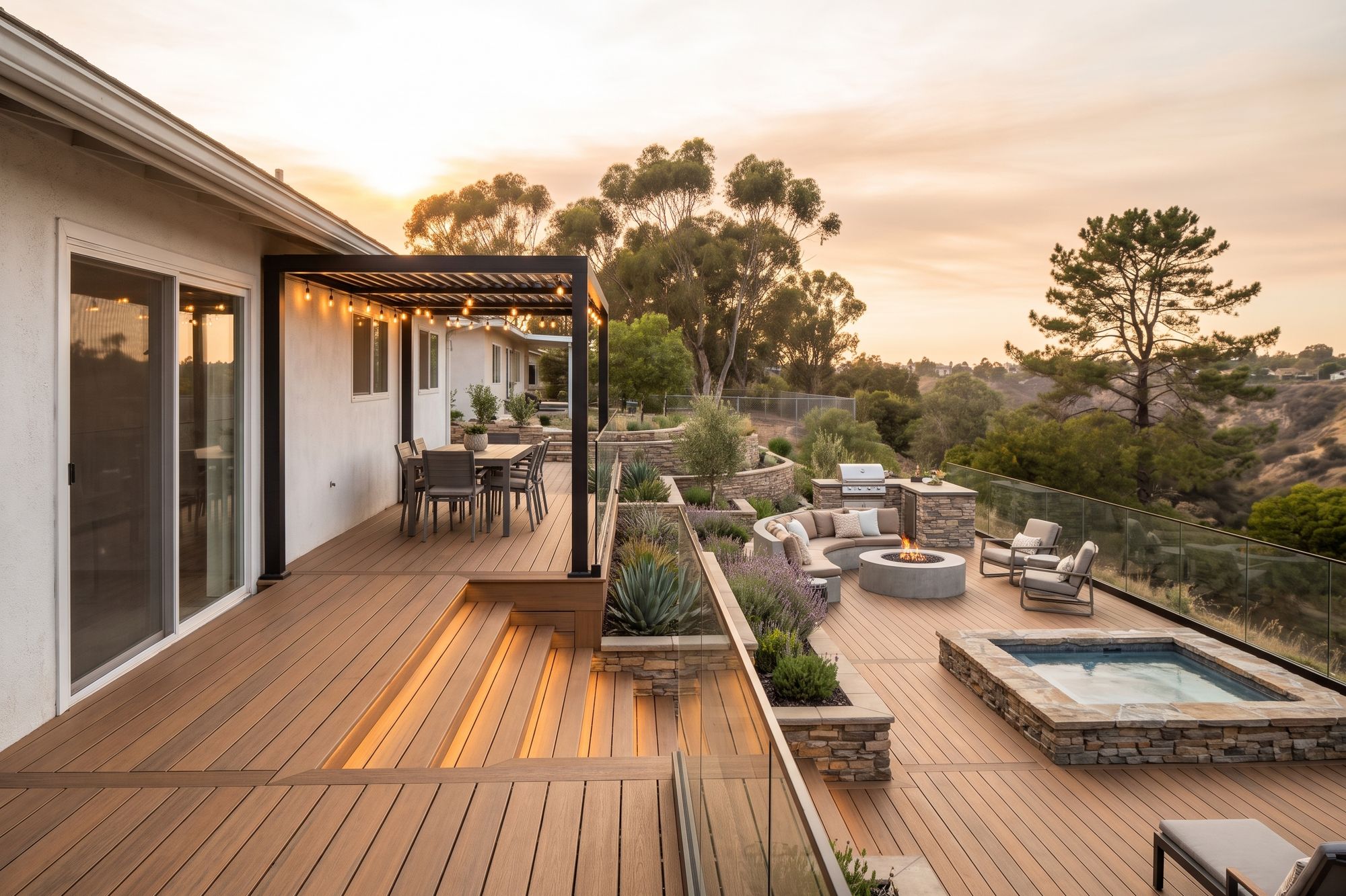After: the same canyon lot with a two-level composite deck behind a glass rail, a pergola over the dining table, a sunken spa, a built-in fire pit with a curved bench and terraced stone planters