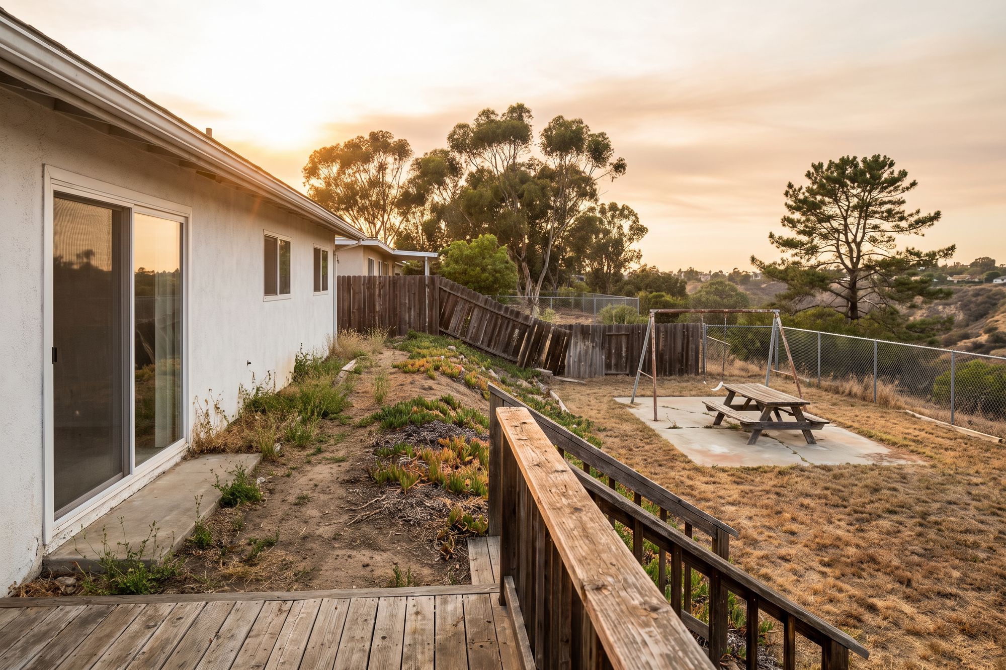 Before: a lived-in San Diego canyon-lot backyard at golden hour, a splintered redwood deck, a dirt slope with ice plant, a dead lawn, an old picnic table and a chain-link fence