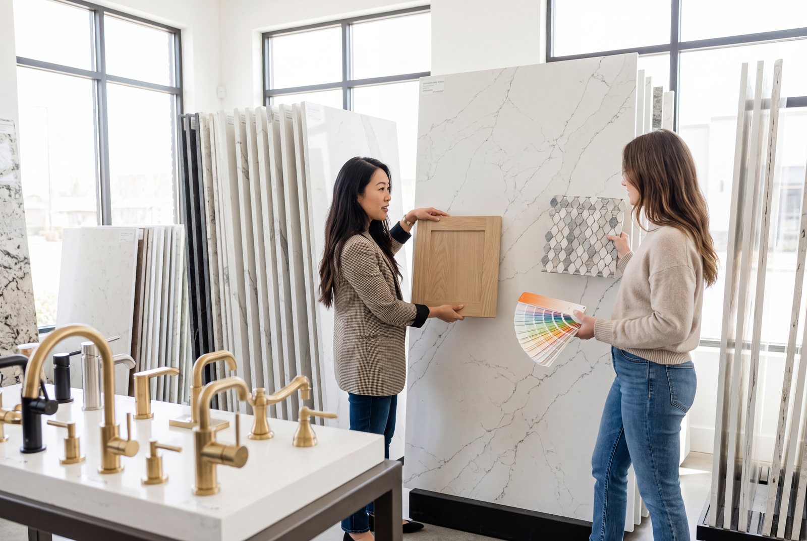 A homeowner and her Kaminskiy designer reviewing tile and cabinet samples at the Design Center