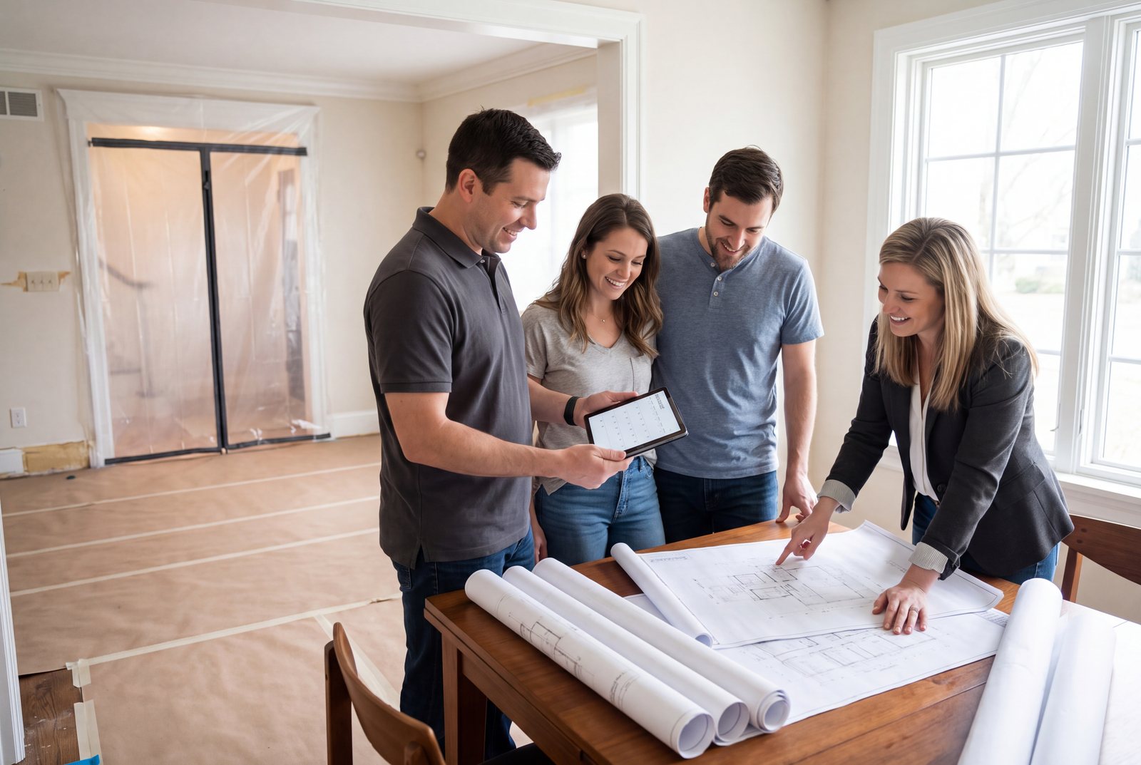 A Kaminskiy project manager and designer reviewing the approved plans with homeowners before construction
